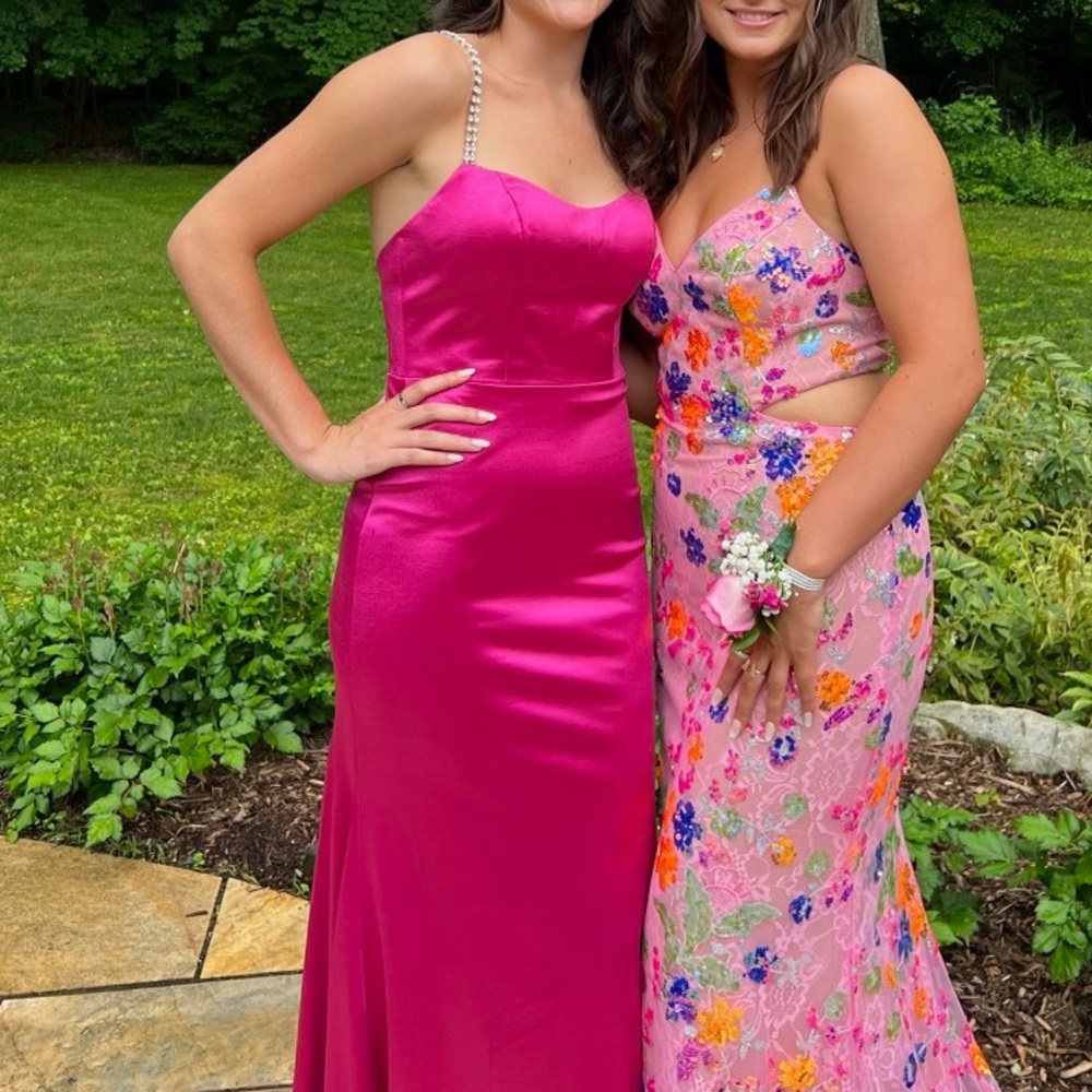Mac Duggal pink prom dress with rhinestone straps